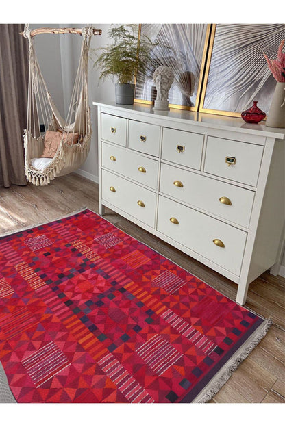 Halı Vagonu 119 Etnik Otantik Kırmızı Tonda Dekoratif Salon Halısı Saçaklı Yıkanabilen Halı