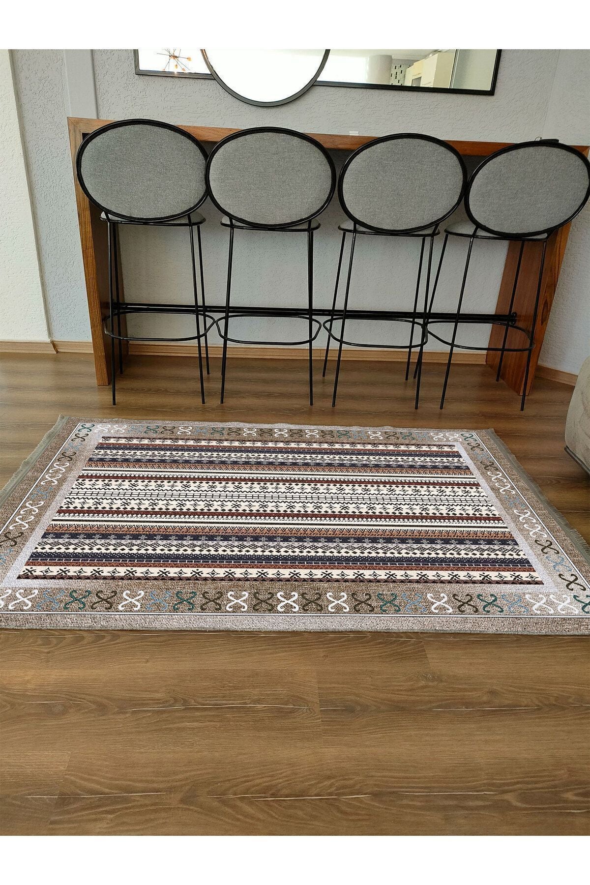 Halı Vagonu Halı 2075 Kahve Tonunda Dekoratif Halı Salon Halısı Saçaklı Yıkanabilen Halı