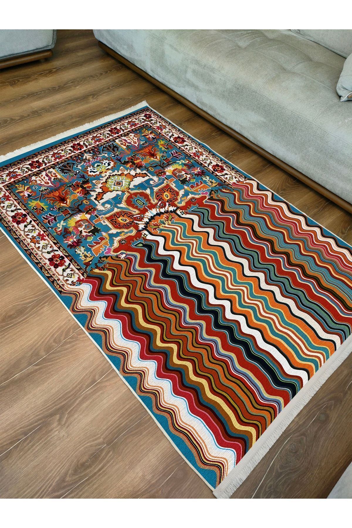 Halı Vagonu132 Klasik Çizgili Desen Modern Halı Dekoratif Salon Halısı Saçaklı Yıkanabilen Halı