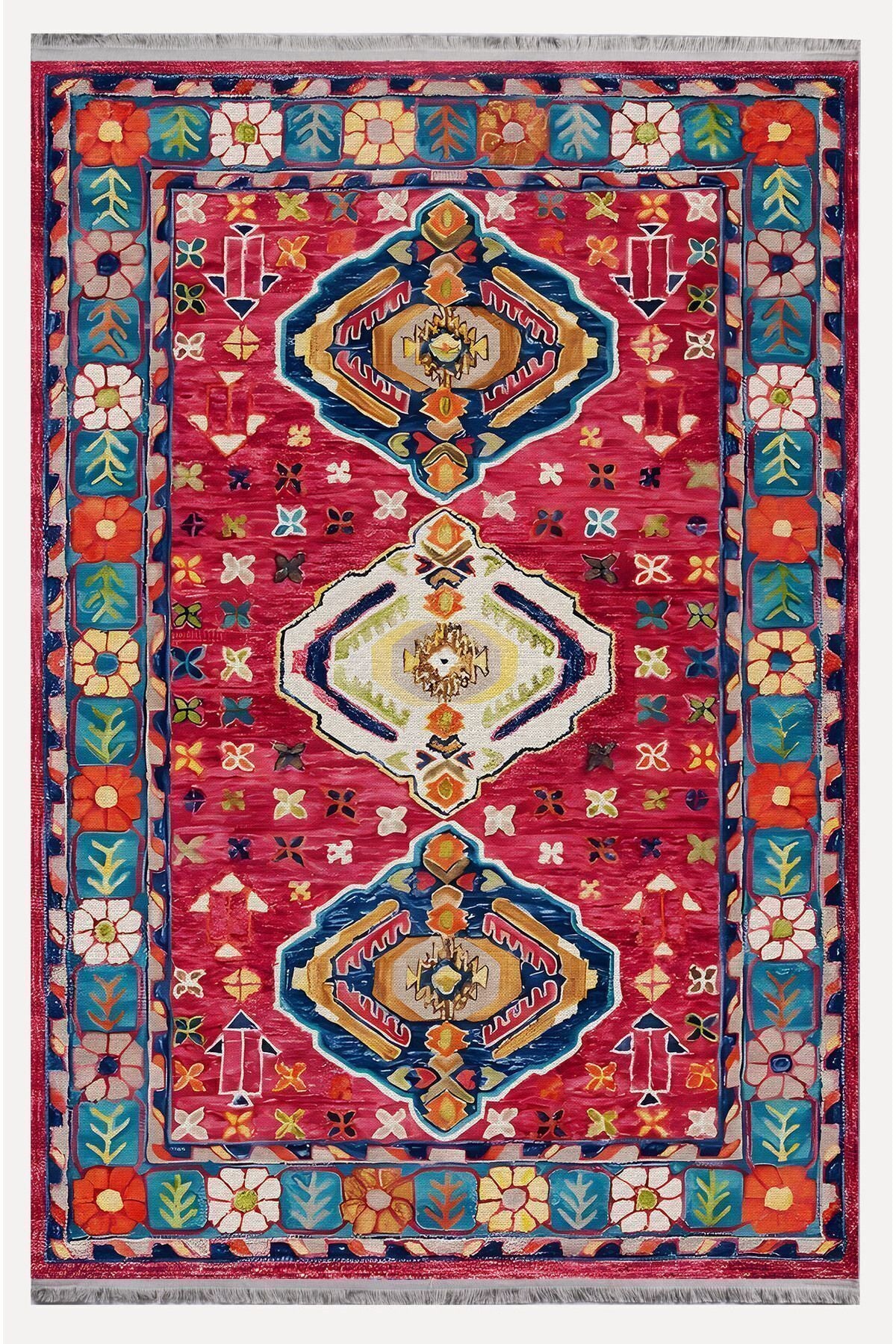 Halı Vagonu111 Etnik Anadolu Halısı Dekoratif Salon Halısı Saçaklı Yıkanabilen Halı