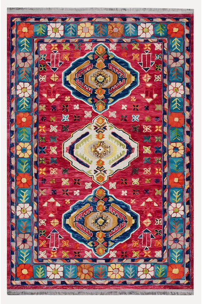 Halı Vagonu111 Etnik Anadolu Halısı Dekoratif Salon Halısı Saçaklı Yıkanabilen Halı