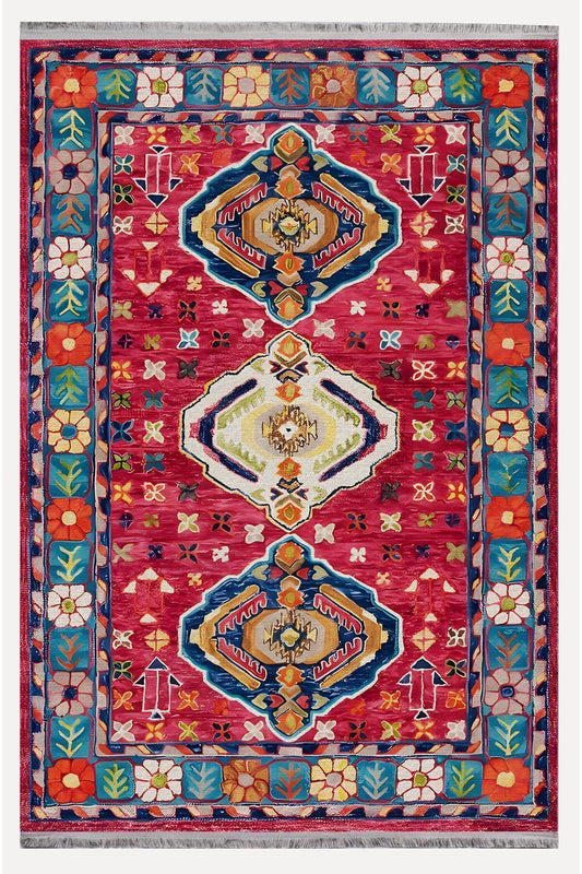 Halı Vagonu111 Etnik Anadolu Halısı Dekoratif Salon Halısı Saçaklı Yıkanabilen Halı