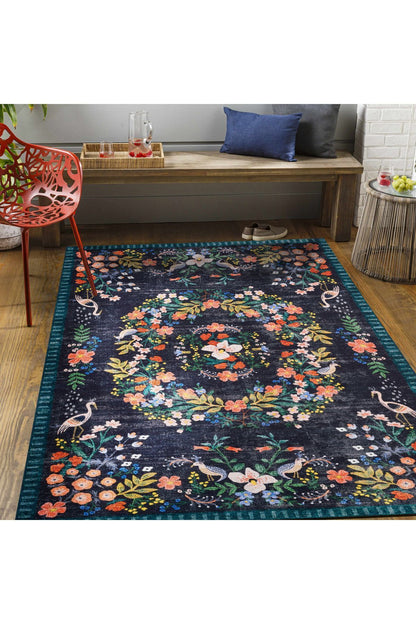 Halı Vagonu 2184 Lacivert Botanik Floral Çiçeksi Modern Ve Country Stil Dokuma Taban Halı