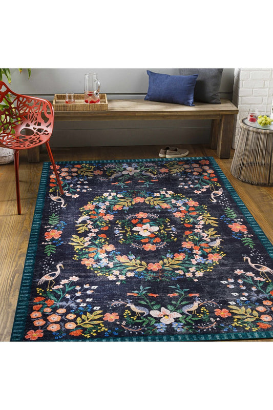 Halı Vagonu 2184 Lacivert Botanik Floral Çiçeksi Modern Ve Country Stil Dokuma Taban Halı