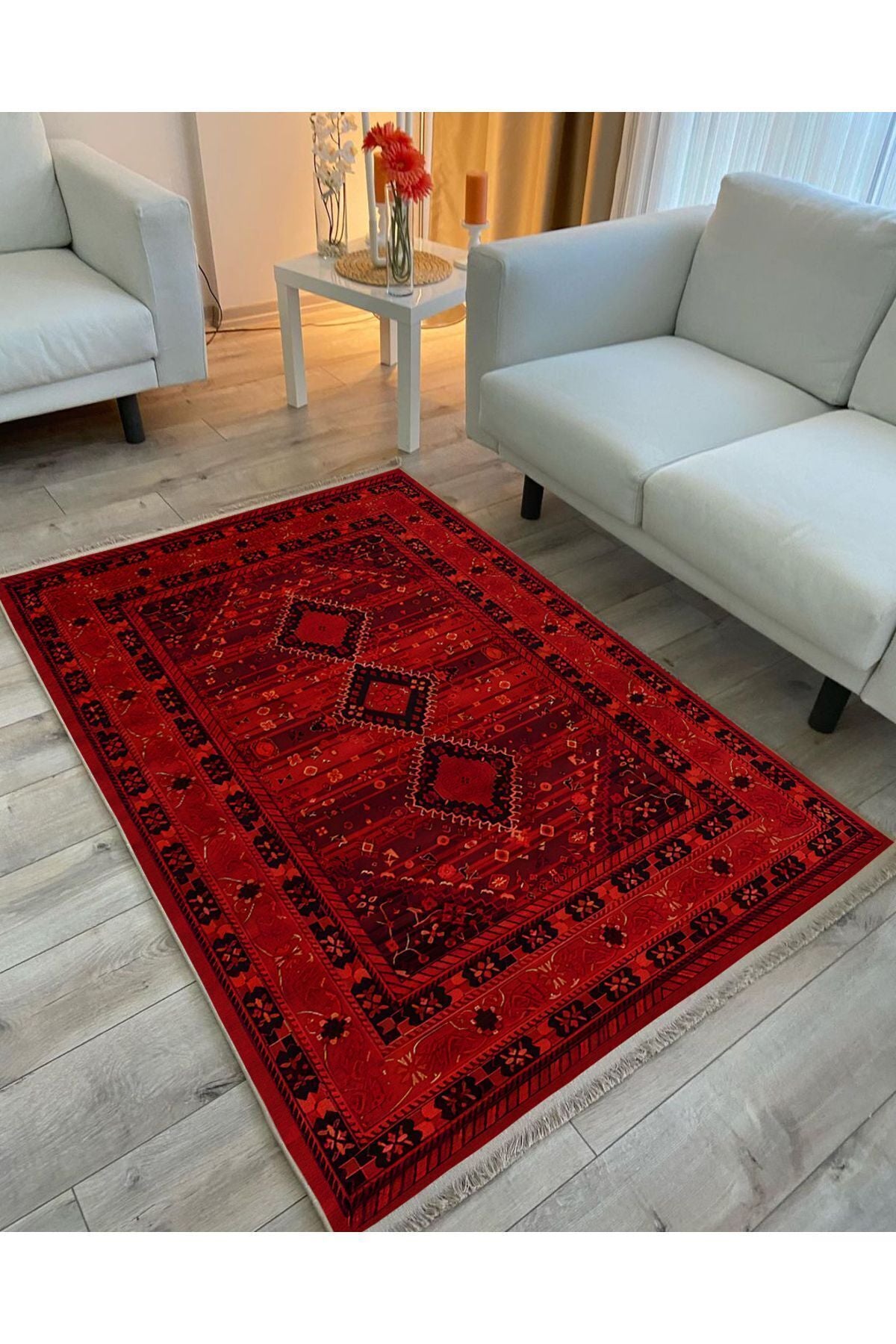 Halı Vagonu 90 Kırmızı Tonlarında Klasık Dekoratif Kilim Salon Halısı Saçaklı Yıkanabilen Halı