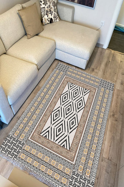 Cotton Serisi Yunan Motifli Eskitme Antik Otantik Desen Dekoratif Dokuma Taban Kilim