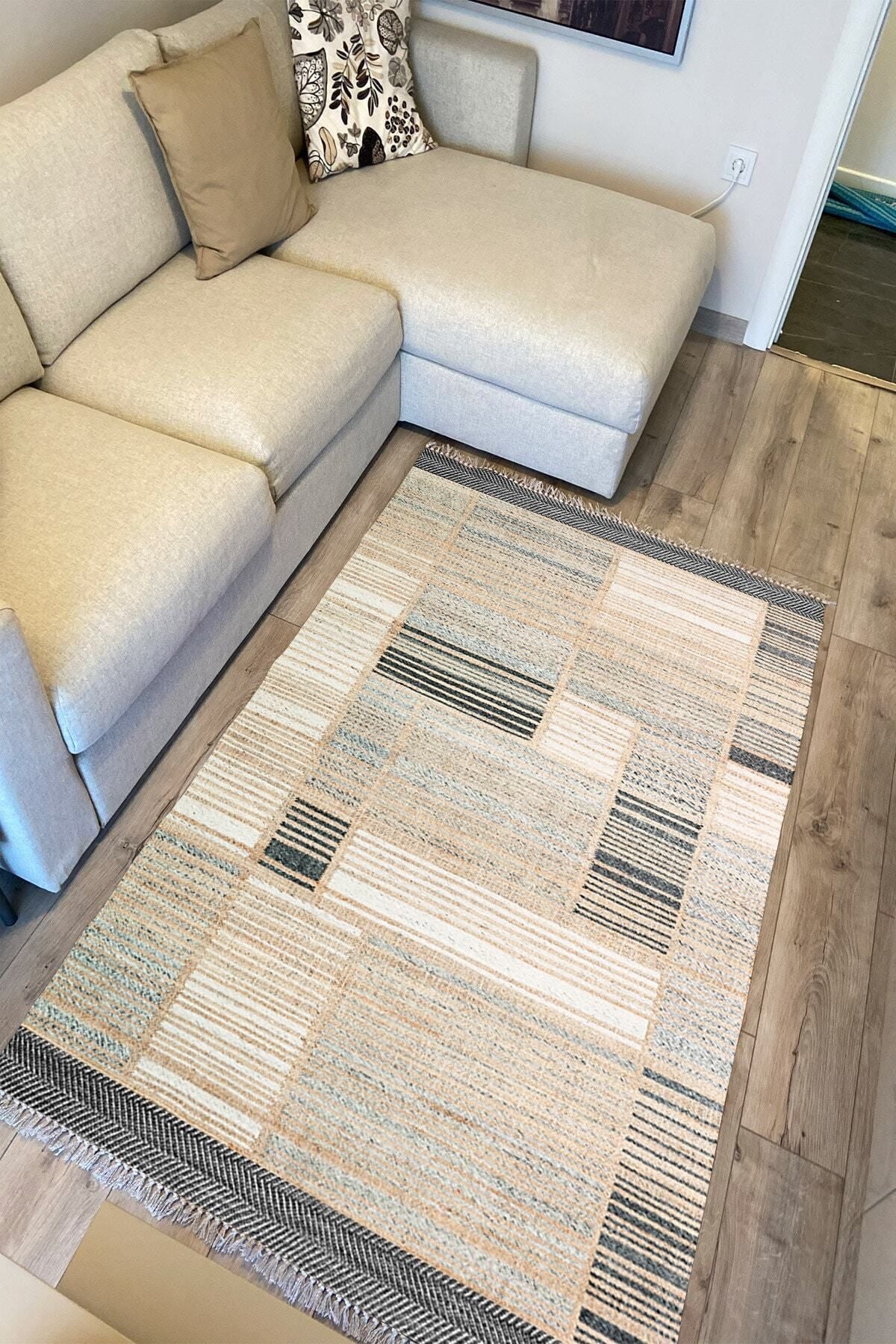 Cotton Serisi Hasır Görümlü Pachwork Eskitme Desenli Dekoratif Dokuma Taban Kilim