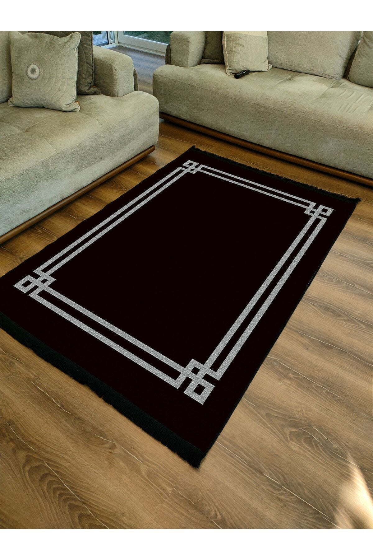 Halı Vagonu 2063 Siyah Çerçeveli Klasik Dekoratif Pamuk Dokuma Halı Modeli