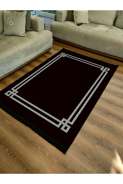 Halı Vagonu 2063 Siyah Çerçeveli Klasik Dekoratif Pamuk Dokuma Halı Modeli