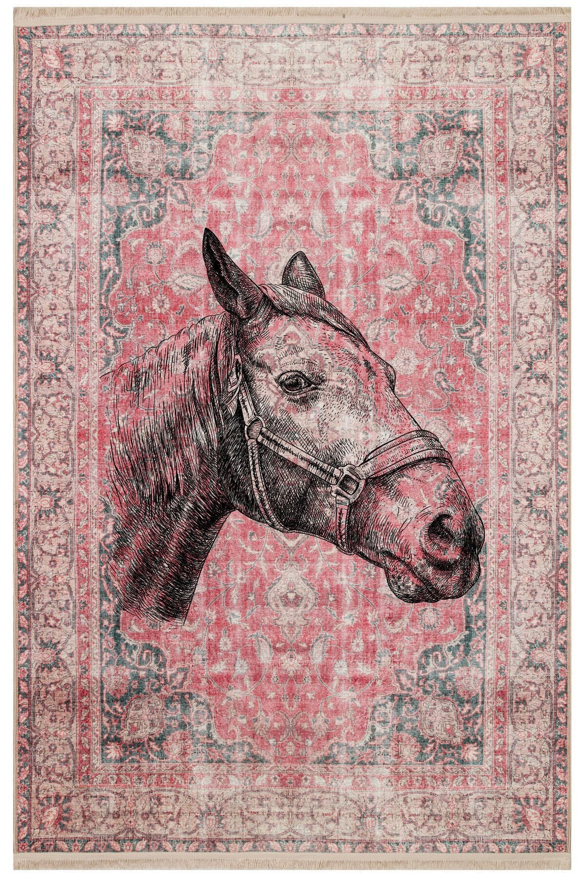 Halı Vagonu 149 Vintage Kırmızı El Çizimi  At Temalı Dokuma Taban Halı