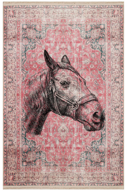 Halı Vagonu 149 Vintage Kırmızı El Çizimi  At Temalı Dokuma Taban Halı