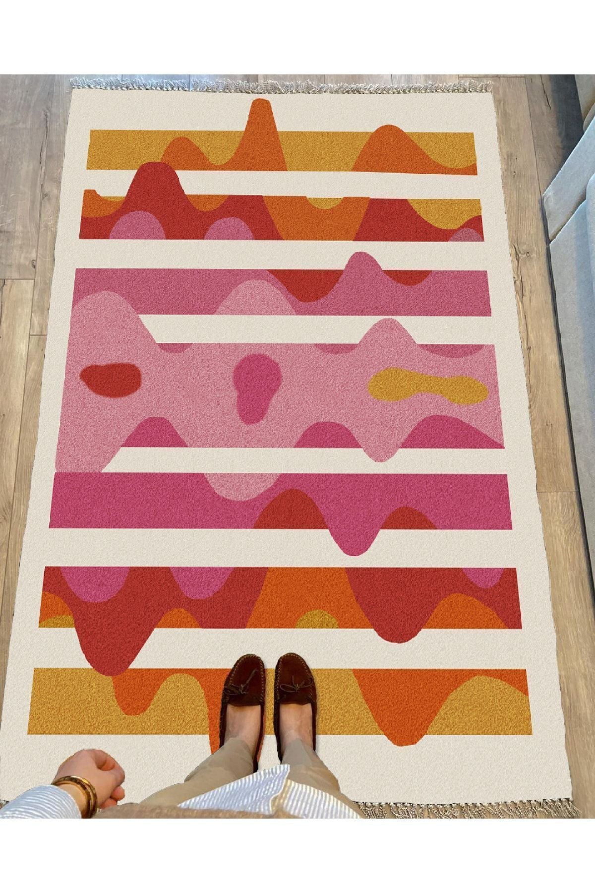 Cotton Serisi Pembe Tonlarında Dalgalı Modern Desen Dekoratif Dokuma Taban Kilim