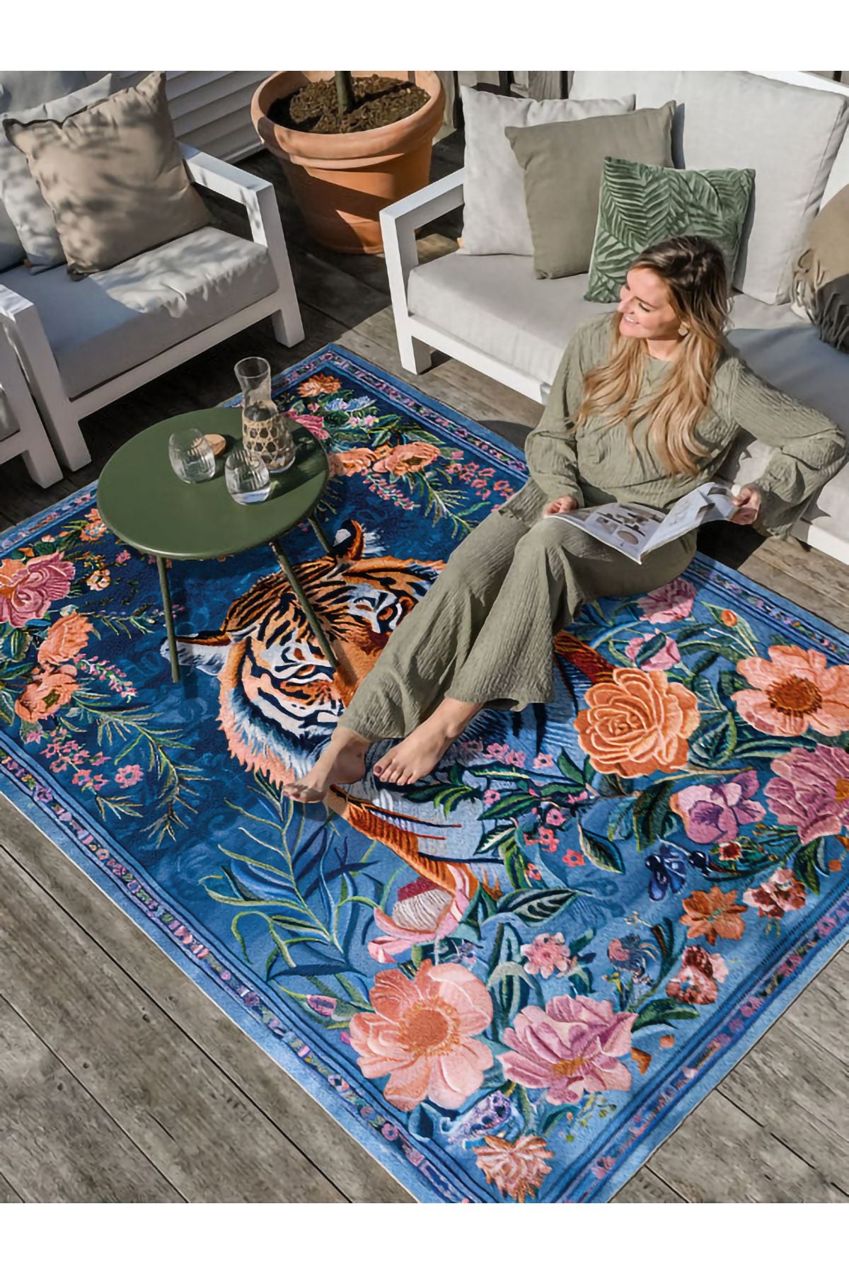 Floral Kaplan Temalı Çok Renkli Dokuma Taban Halı Salon Halısı Çocuk Halısı