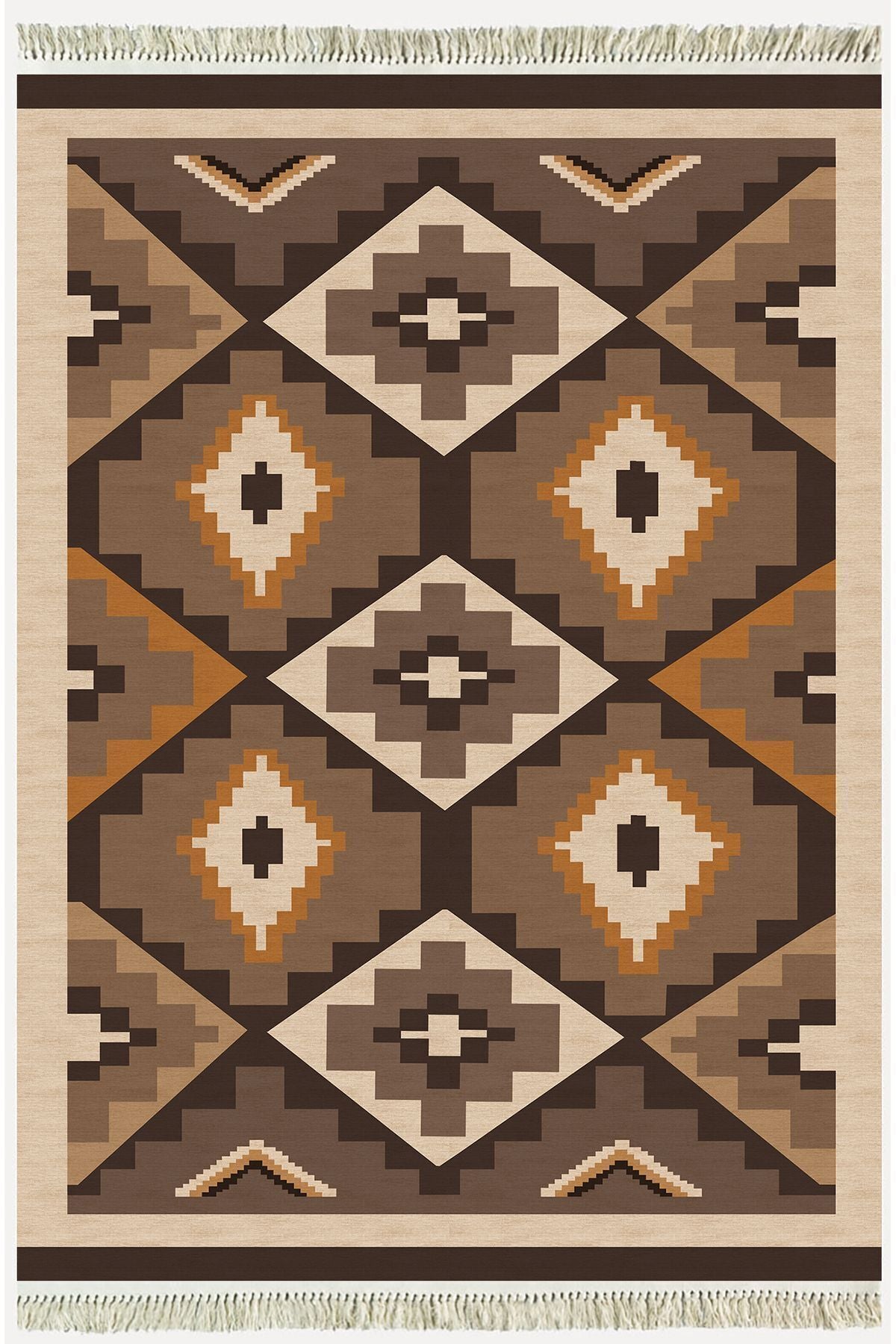 Cotton Serisi Siyah Ve Kahve Tonlarında Geometrik Eskitme Desenli Dekoratif Dokuma Taban Kilim