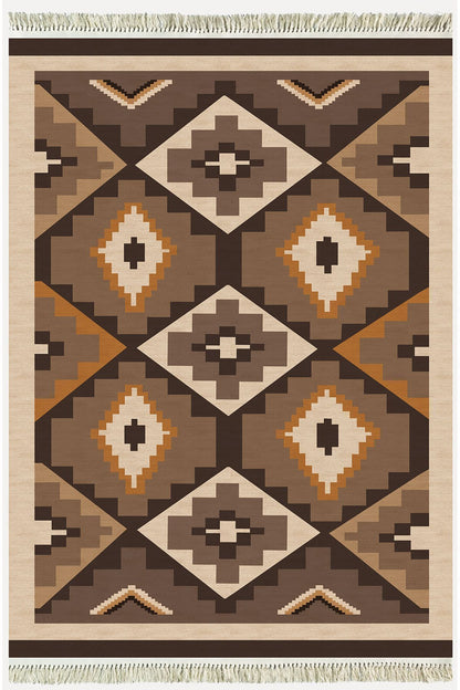 Cotton Serisi Siyah Ve Kahve Tonlarında Geometrik Eskitme Desenli Dekoratif Dokuma Taban Kilim