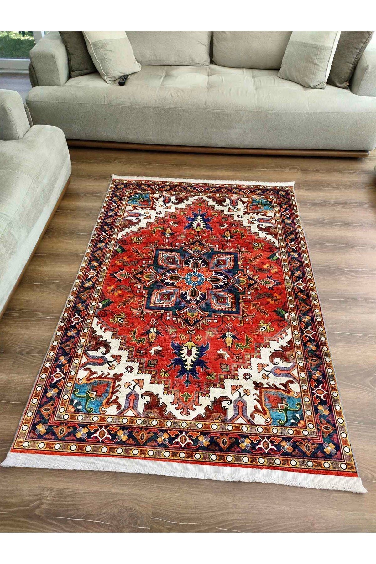 Halı Vagonu Kırmızı Tonlarında Etnik Eskitme Pamuk  Dokuma Taban Halı 2253