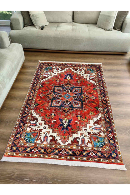 Halı Vagonu Kırmızı Tonlarında Etnik Eskitme Pamuk  Dokuma Taban Halı 2253