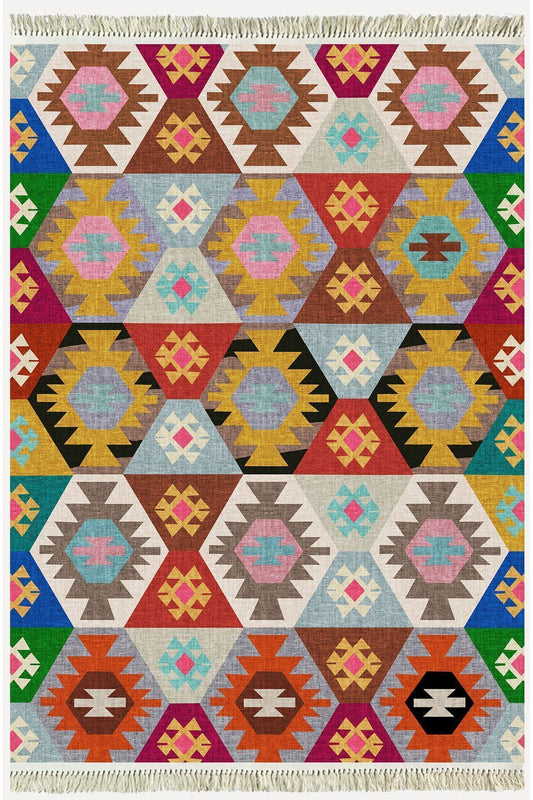 Cotton Serisi Multy Tonlarında Eskitme Desen Dekoratif Dokuma Taban Kilim