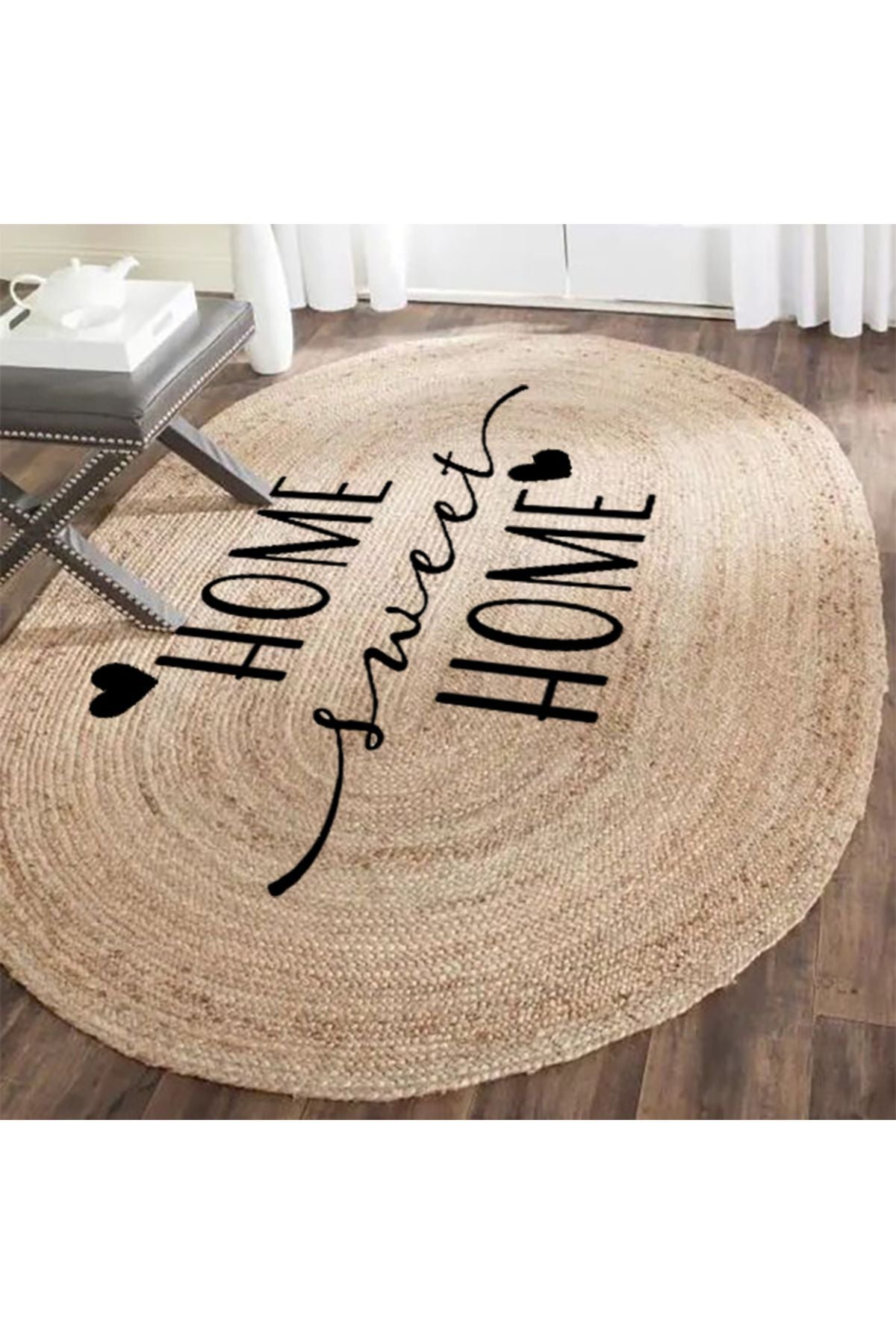 Boho 945 Home Sweet Home Temalı Etnik Desenli Oval Jüt Örme Doğal Hasır Kilim Daire Halı