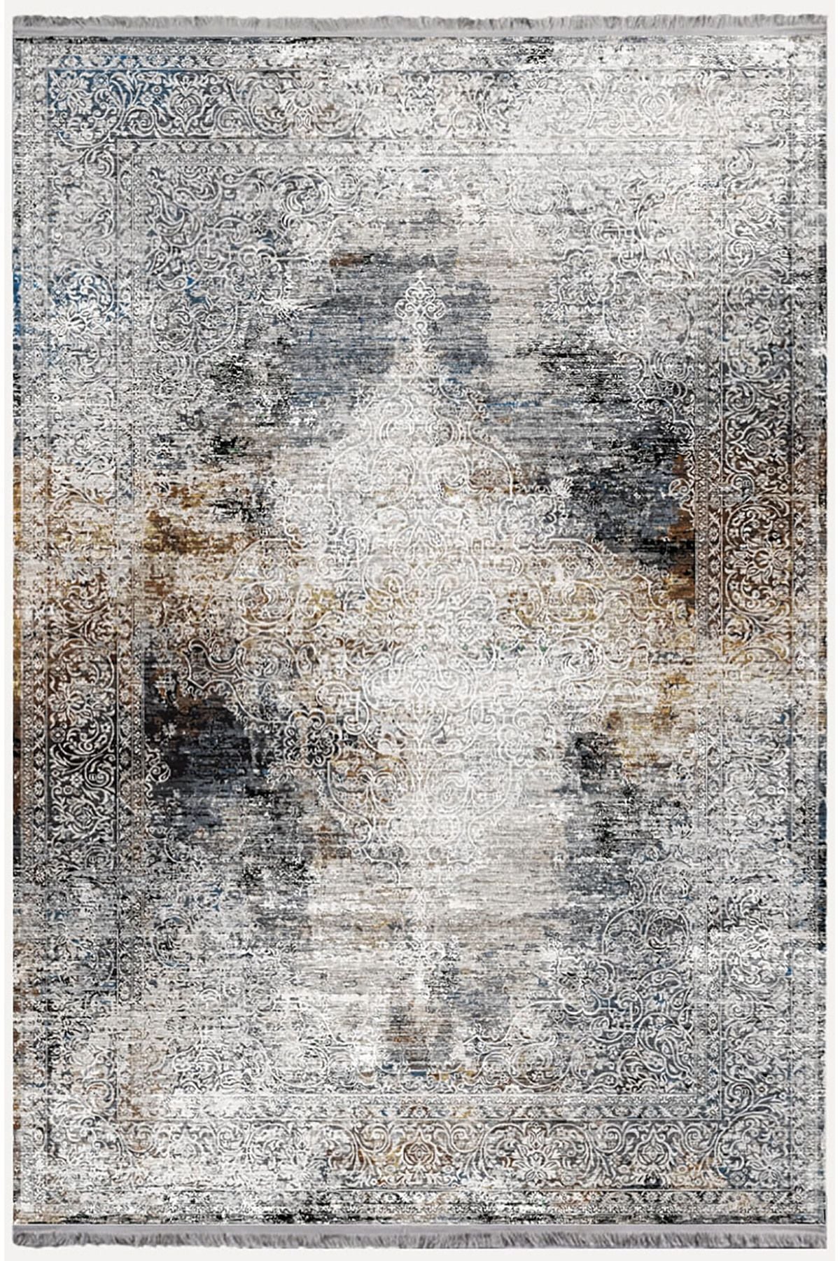 Mars 2163 Gri Tonlarında Klasik Eskitme Desen Saçaklı Dekoratif Halı