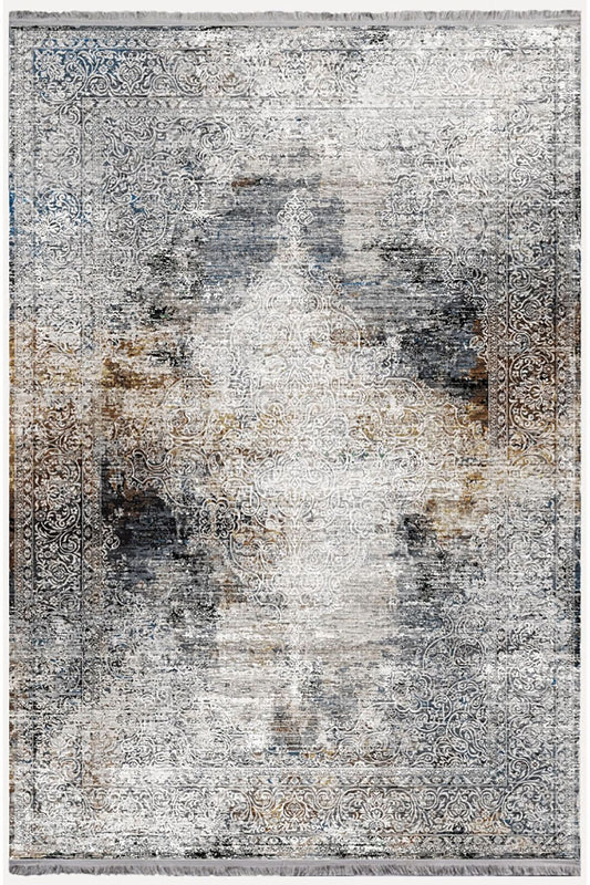 Mars 2163 Gri Tonlarında Klasik Eskitme Desen Saçaklı Dekoratif Halı