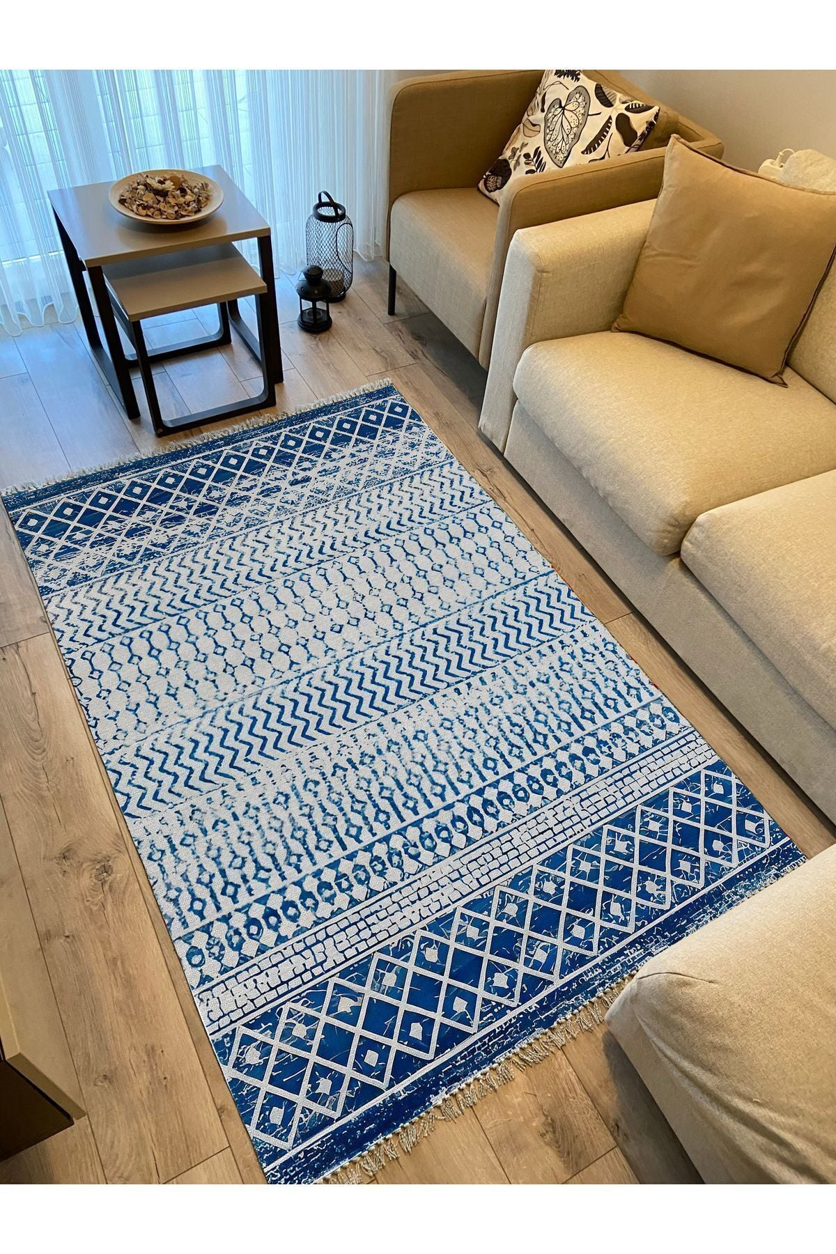 Cotton Kilim 13 Mavi Zeminli Çizgili Desenli Dekoratif Yıkanabilen Dokuma Taban Kilim