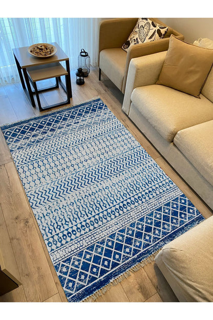 Cotton Kilim 13 Mavi Zeminli Çizgili Desenli Dekoratif Yıkanabilen Dokuma Taban Kilim