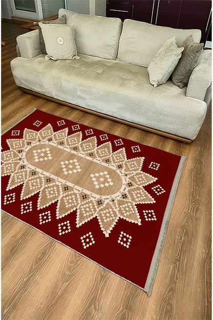 Halı Vagonu107 Kırmızı Tonlarında Klasık Dekoratif Kilim Salon Halısı Saçaklı Yıkanabilen Halı