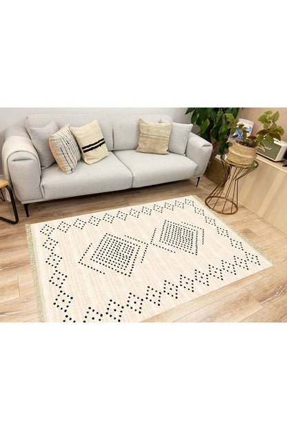 Cotton Serisi Krem Tonlarında Geometrik Eskitme Desen Dekoratif Dokuma Taban Kilim