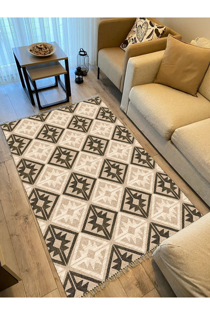Cotton Kilim48 Jut Zeminli Geneleksel Motifler Modern Dekoratif Yıkanabilen Dokuma Kilim