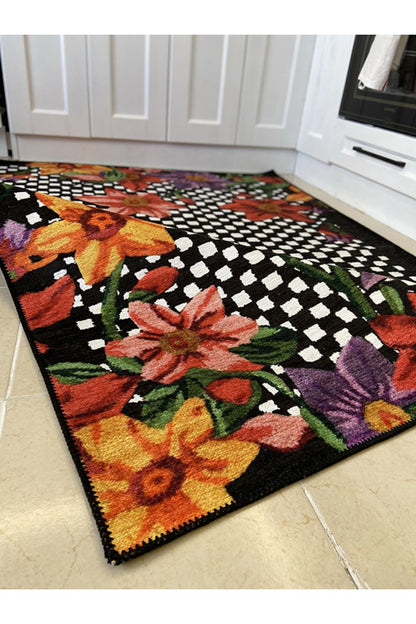 çok renkli siyah üzerine çiçek denli