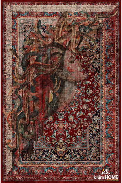 HV 123 Etnik Anadolu Halı Üzerine Kadın Suratı Dekoratif Salon Halısı Saçaklı Yıkanabilen Halı