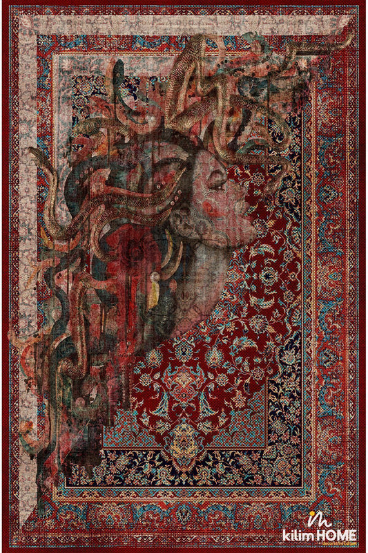 HV 123 Etnik Anadolu Halı Üzerine Kadın Suratı Dekoratif Salon Halısı Saçaklı Yıkanabilen Halı