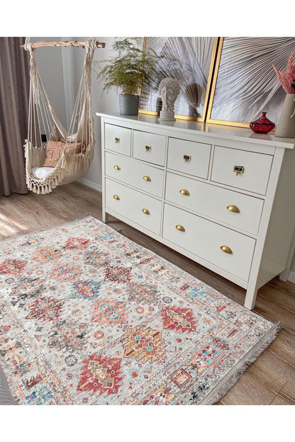 HV  2164 Renkli Desenli Yıkanabilir Kaymaz Tabanlı Salon Halısı, Koridor Ve Mutfak Halısı Kilim