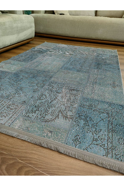 Halı Vagonu 2091 Mavi Tonlarında Patchwork Eskitme Desen Kaymaz Taban Dekoratif Halı