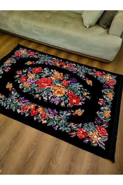 Halı Vagonu Serisi Siyah Ve Multy Tonlarda Çiçekli Desen Kaymaz Taban Şönil Halı