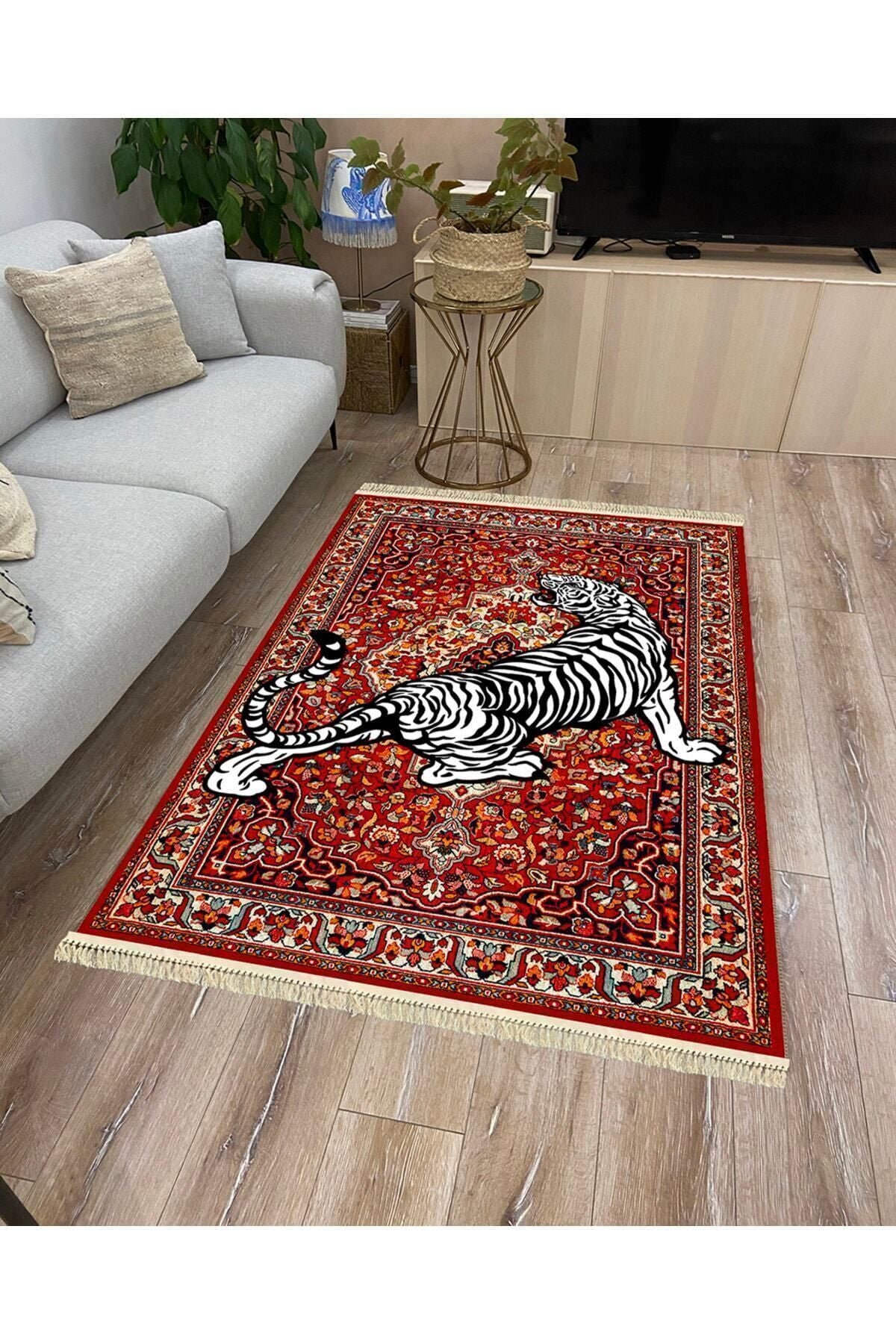 Halı Vagonu Serisi Kırmızı Tonlarında Kaplanlı Etnik Desen Kaymaz Taban Şönil Halı