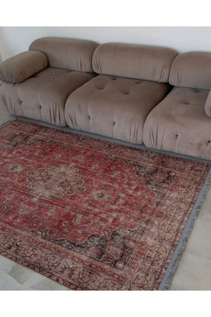 Halı Vagonu 2130 Kırmızı Gri Pastel Klasik Vintage Dokuma Taban Halı