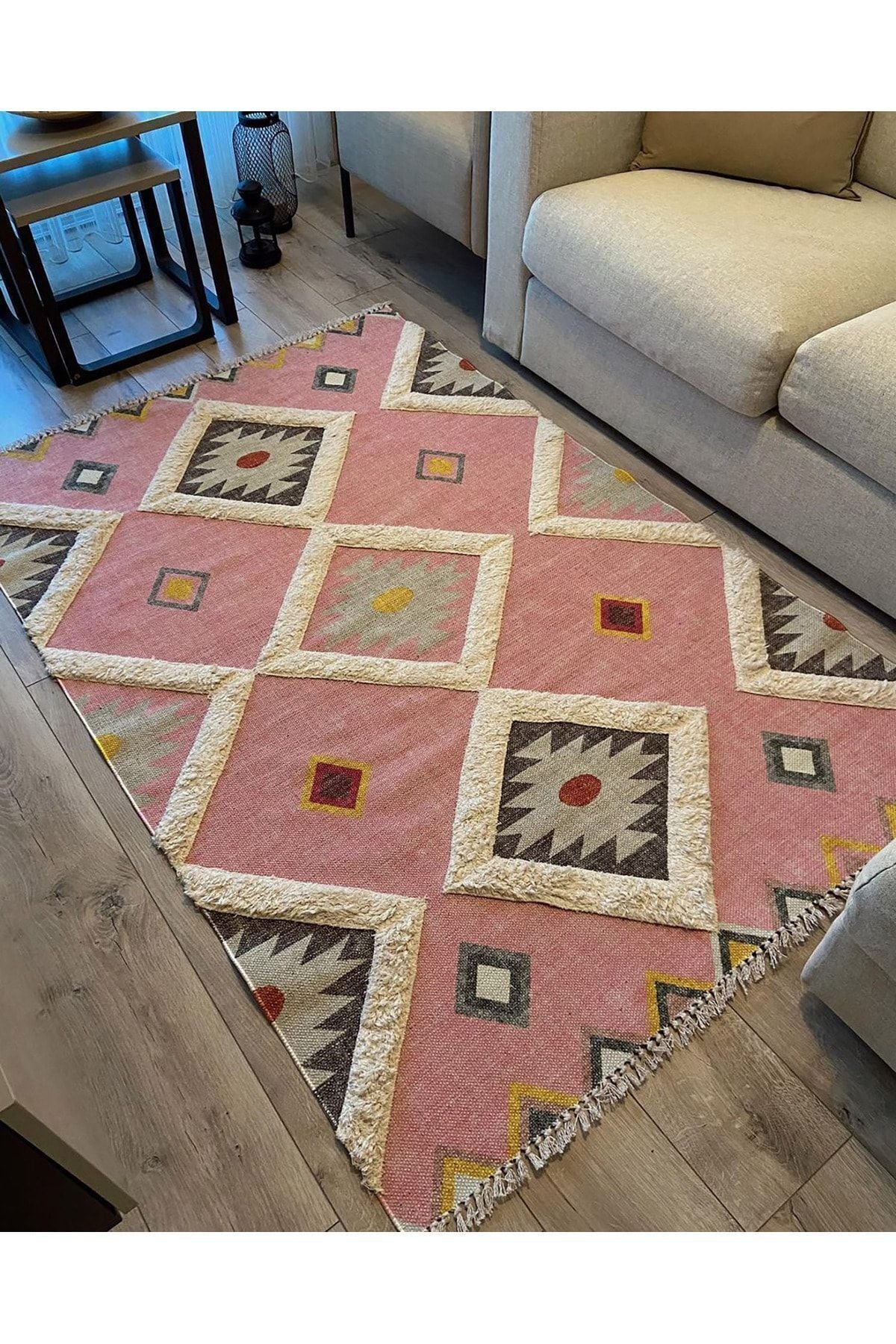 Tafting Kilim Serisi Üzeri Peluşlu Dokuma Taban Dekoratif Kilim