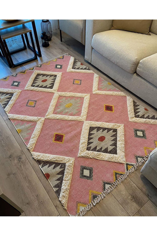 Tafting Kilim Serisi Üzeri Peluşlu Dokuma Taban Dekoratif Kilim