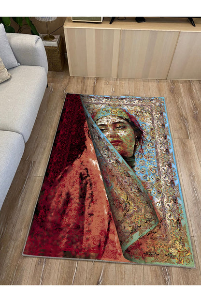 Halı Vagonu 150 Mavi Ve Bordo Tonlarda Kadın Silüeti Etnik Desenli Vintage Dokuma Taban Halı