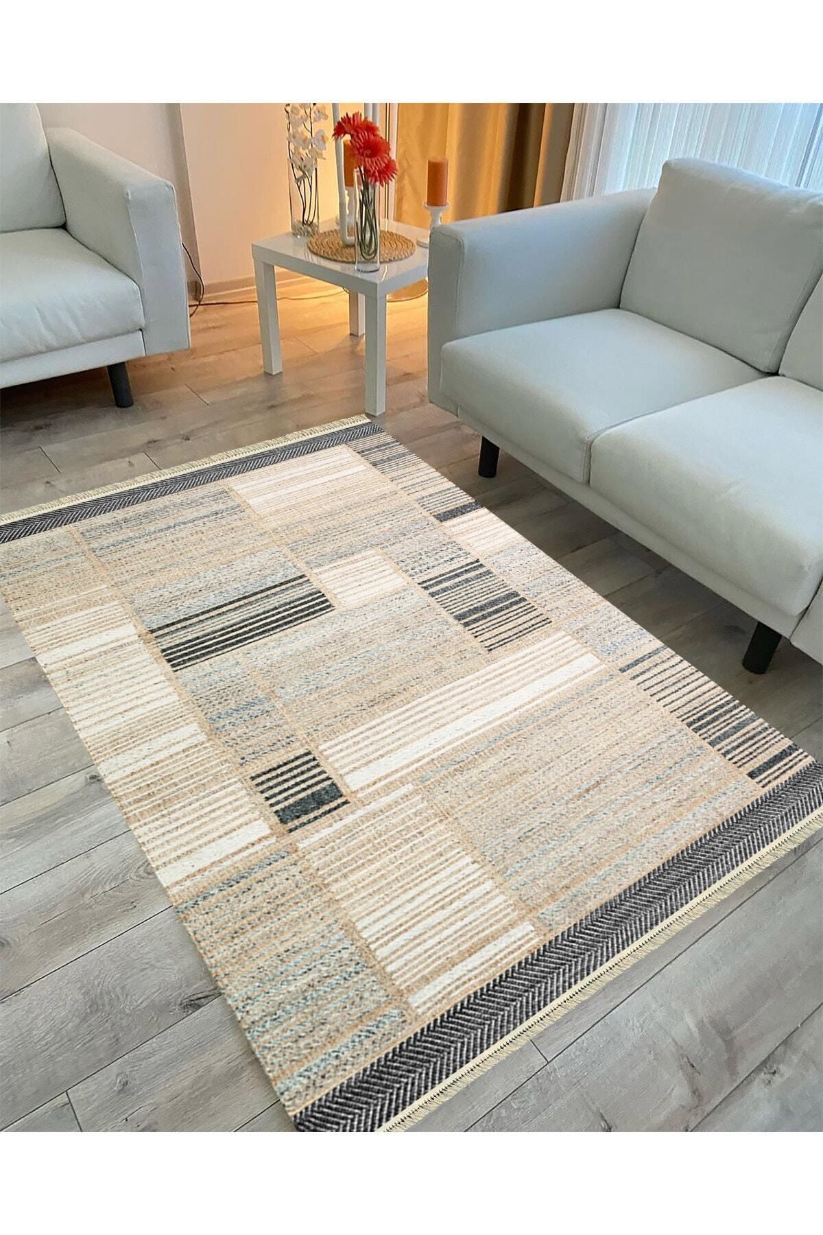 Cotton Serisi Hasır Görümlü Pachwork Eskitme Desenli Dekoratif Dokuma Taban Kilim