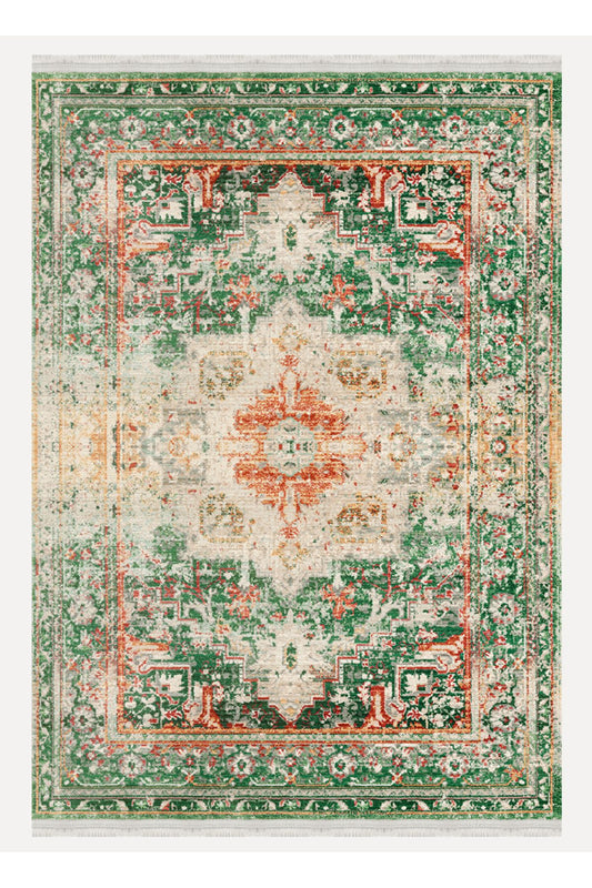 Halı Vagonu Yeşil Tonlarında Etnik Eskitme Pamuk  Dokuma Taban Halı E38