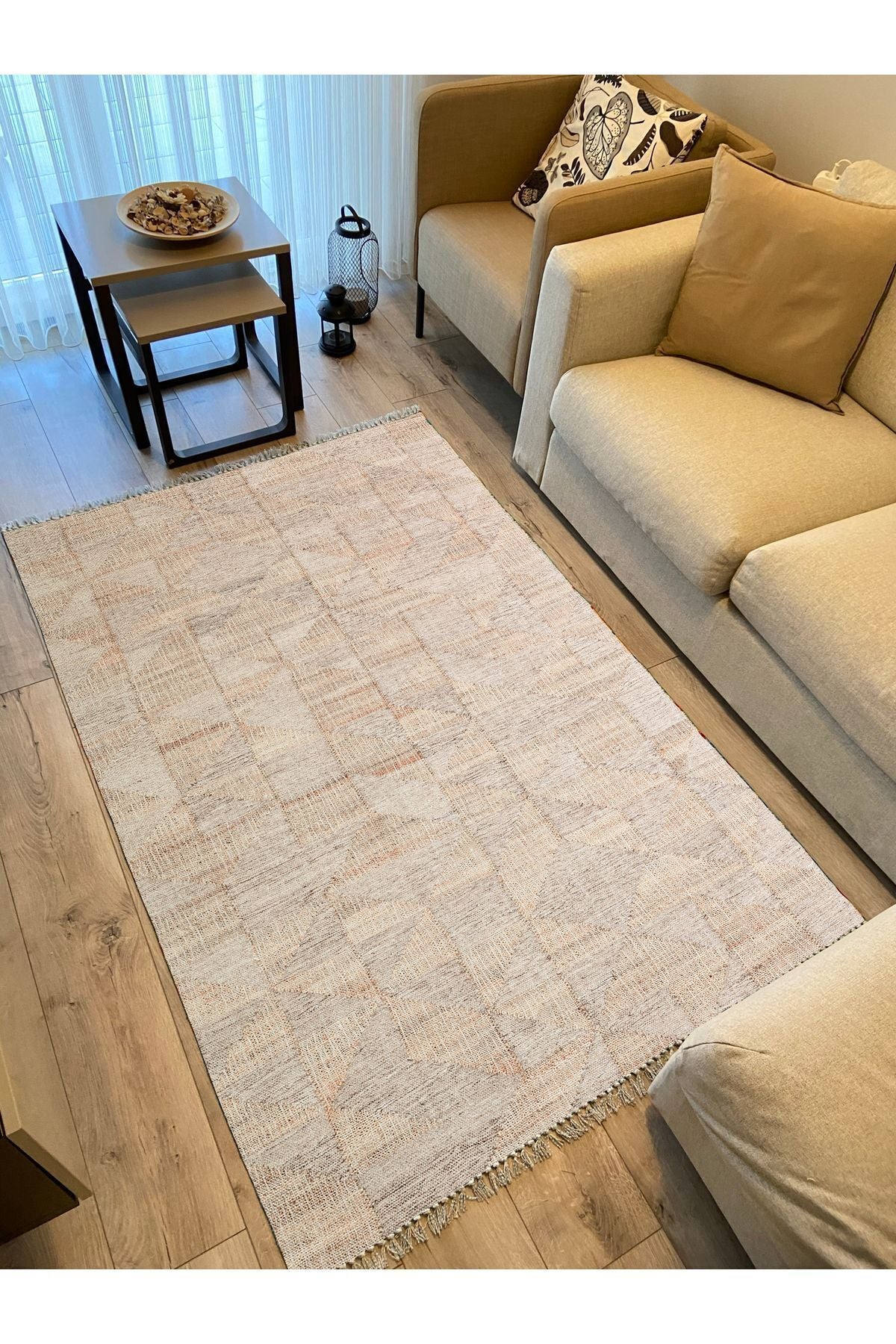 Cotton Kilim 30 Jüt Efekl Desenli Dekoratif Yıkanabilen Dokuma Taban Kilim