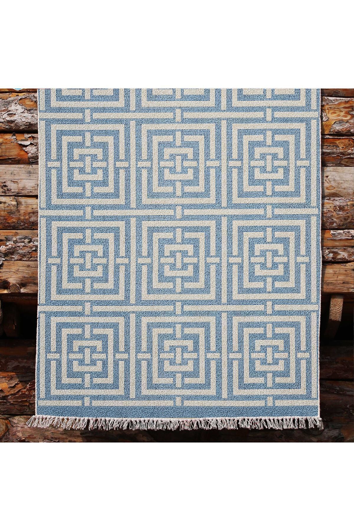 Cotton 83 Etnik Deniz Mavisi Modern Monogram Stil Pamuk Taban Kilim 083