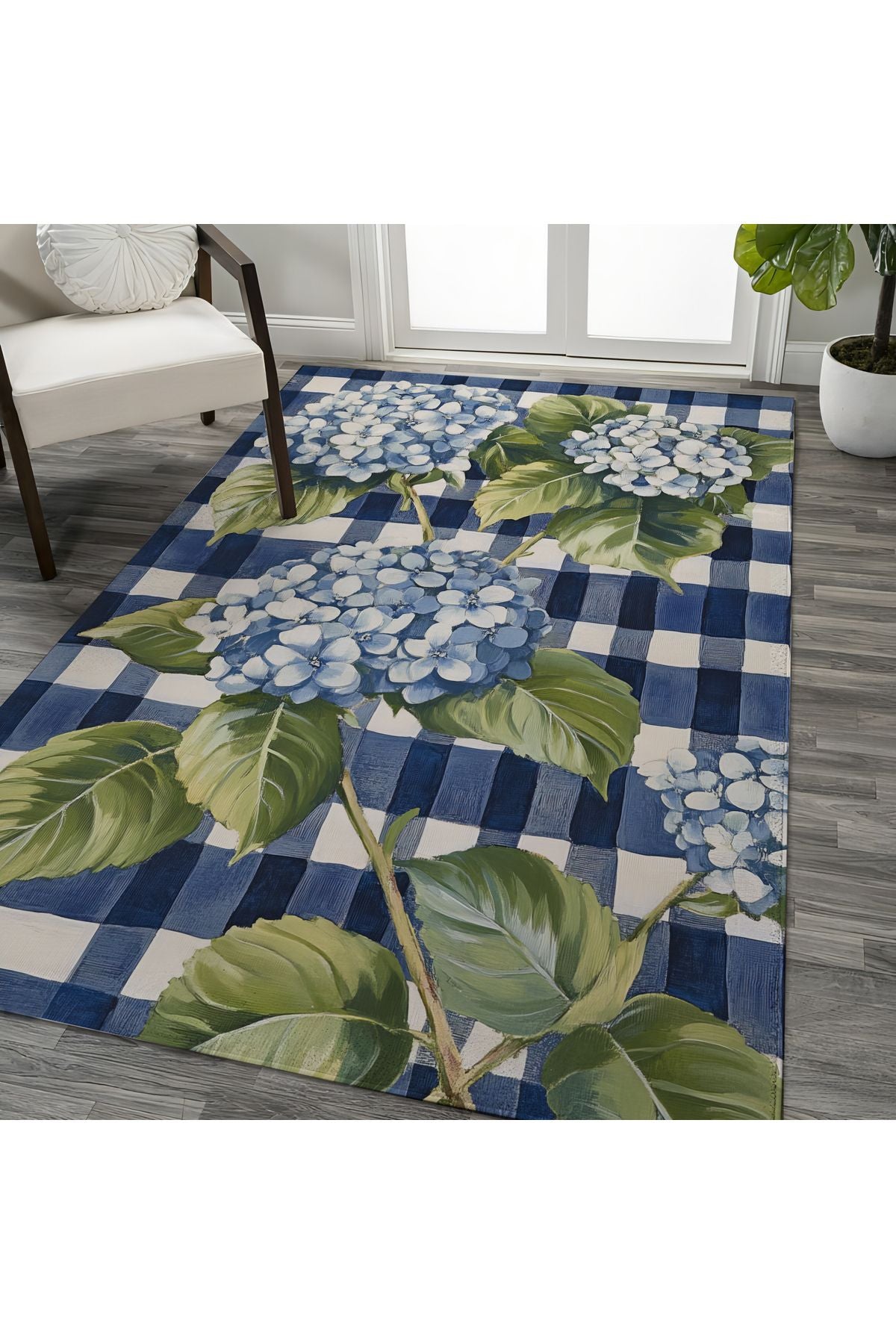 Halı Vagonu 213 Mavi Beyaz Dama Ortanca Çiçeği Figürlü Modern Dokuma Taban Dekoratif Halı