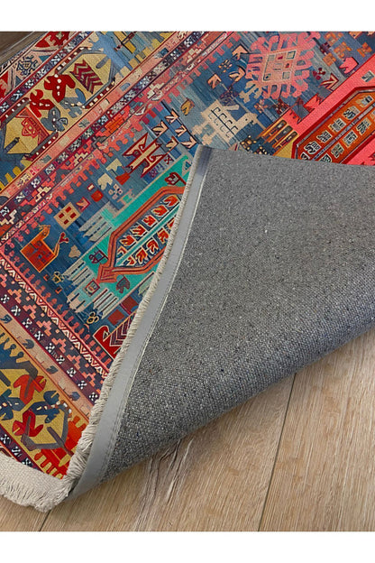 Halı Vagonu73 Fuşya Tonlarında Klasik Salon Halısı Saçaklı Yıkanabilen Dekoratif Halı