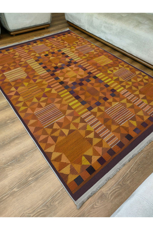 Halı Vagonu120 Etnik Otantik Hardal Tonlartında Dekoratif Salon Halısı Saçaklı Yıkanabilen Halı