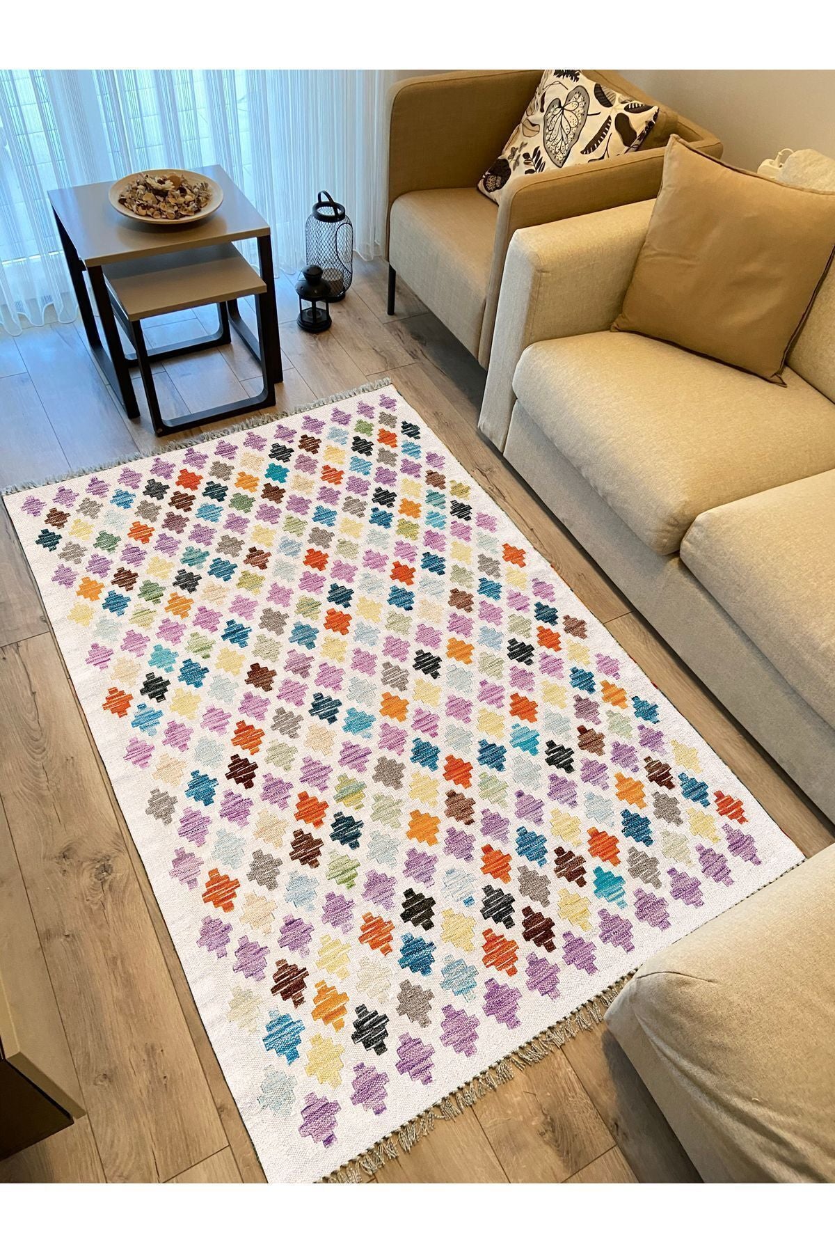 Cotton Kilim 43 Krem Üzerine Geometrik Modern Dekoratif Yıkanabilen Dokuma Kilim