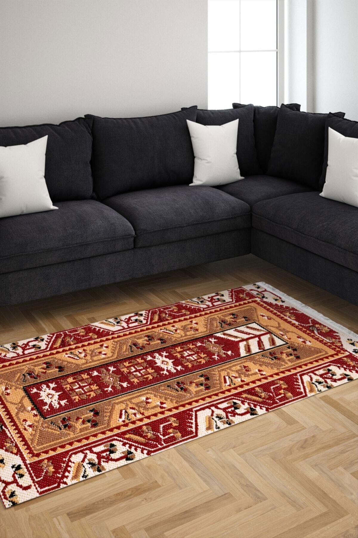 Halı Vagonu Serisi Çiçekli Kırmızı Tonlarda Bordürlü Desen Kaymaz Taban Şönil Halı